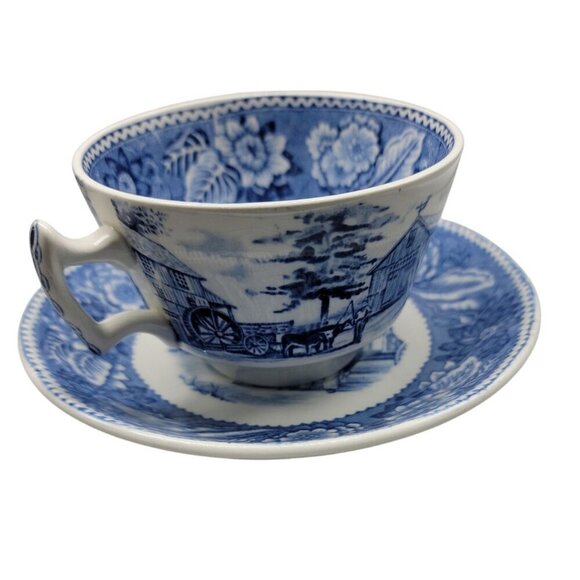 Wood & Sons Teacup & Saucer Blue Transferware Old Sturbridge Village Vintage - Picture 2 of 16